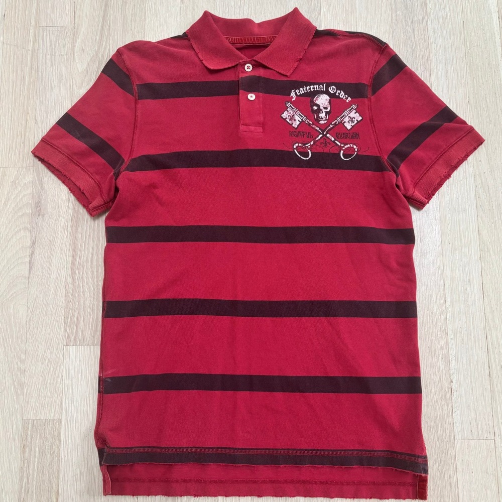Express Polo Shirt Mens Small Red Black Striped Good Fraternal Order Graphic